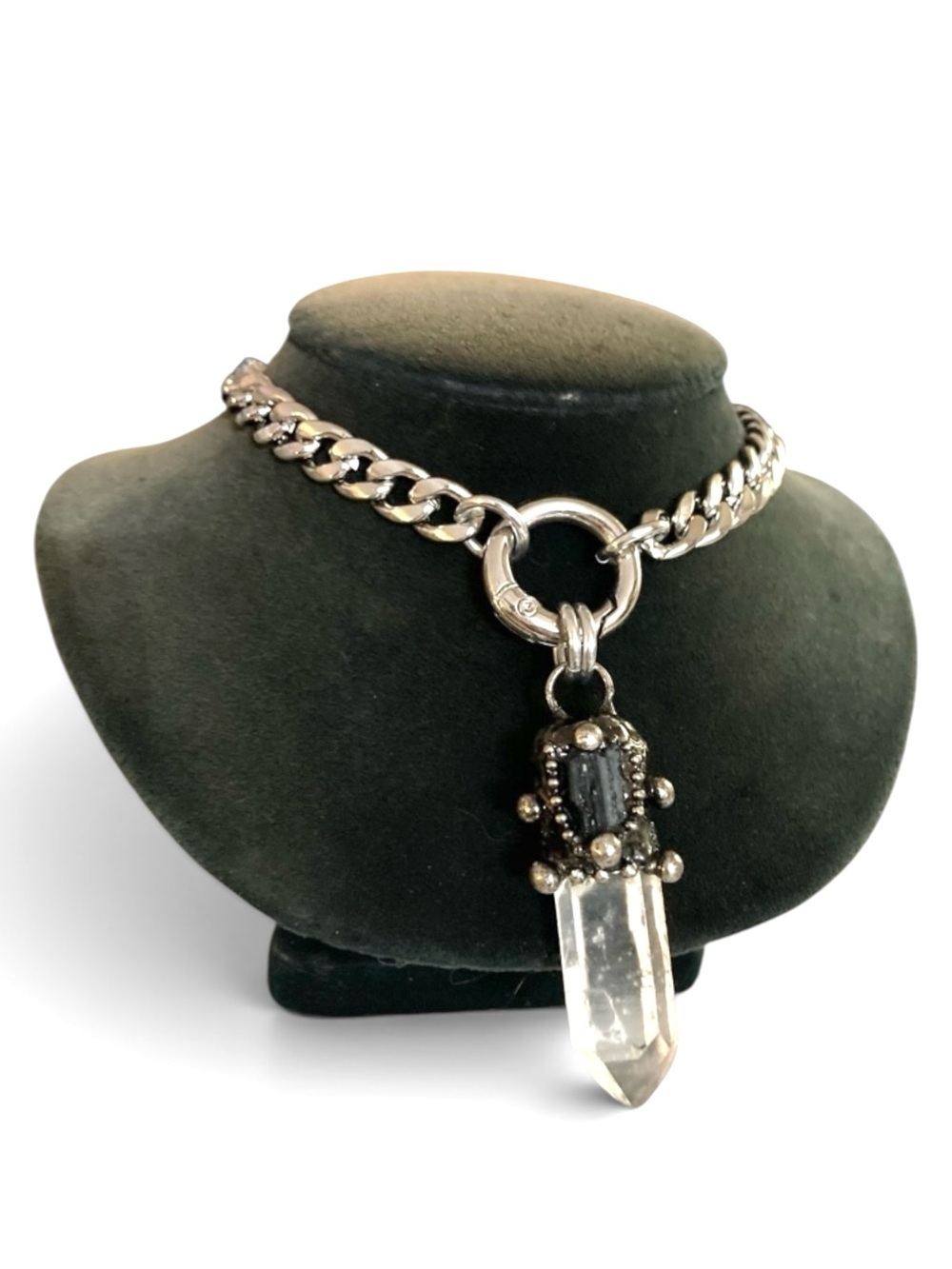 Genuine clear crystal quartz & black tourmaline on cuban chain choker necklace
